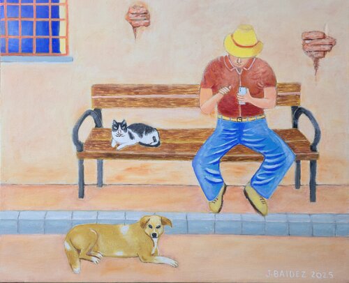 Soledad conectada con perro y gato. by José Báidez González, Painting for Sale on Select