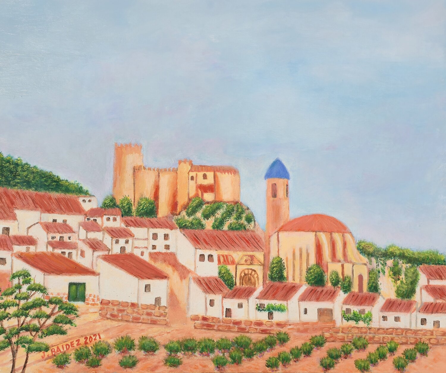 Yeste. Iglesia y castillo. José Báidez González Original painting for sale