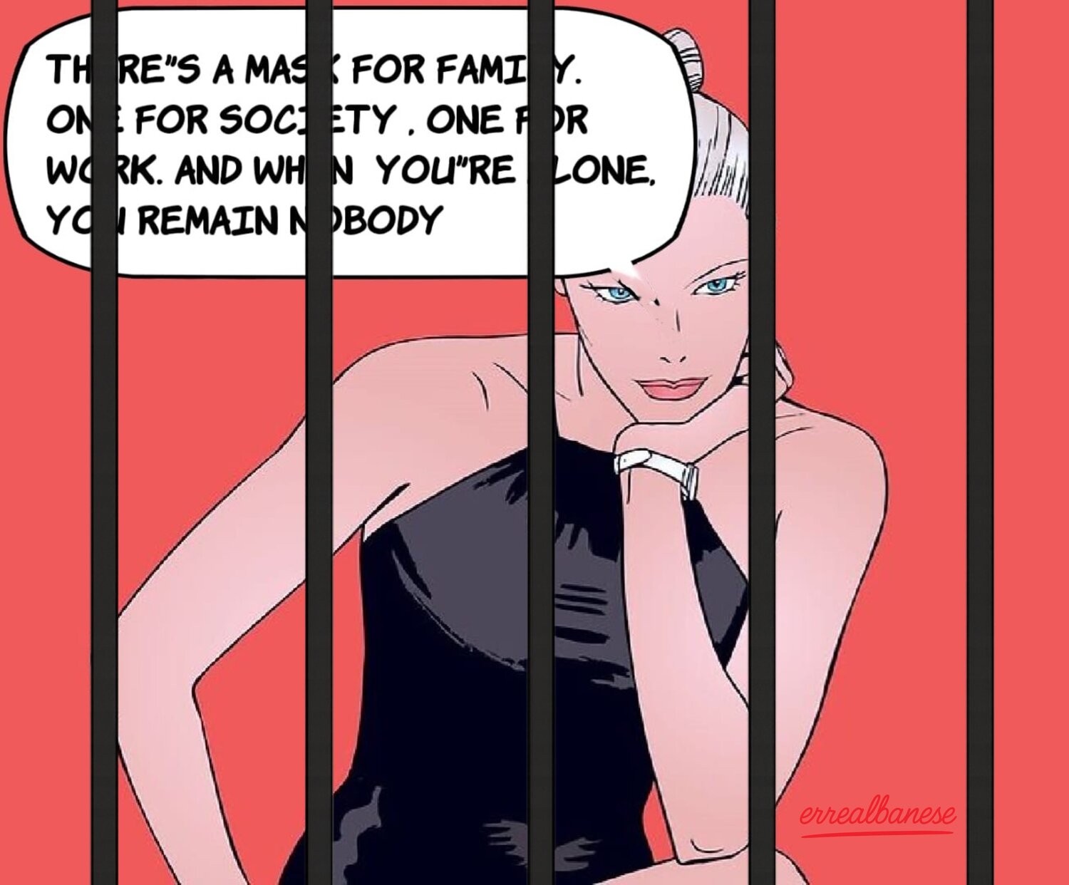 "ONE, NO ONE AND ONE HUNDRED THOUSAND – EVA K." digitale su metallo Dibond con finitura in plexiglass Opera unica, non replicabile. Reginaldo Albanese Original painting for sale