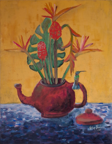"Still leven" aux oiseaux de paradis, à l'Heliconia, à la rode de porcelaine, au tapeinochilos, au monstera et au colibri by Victor Abel, Painting for Sale on Select