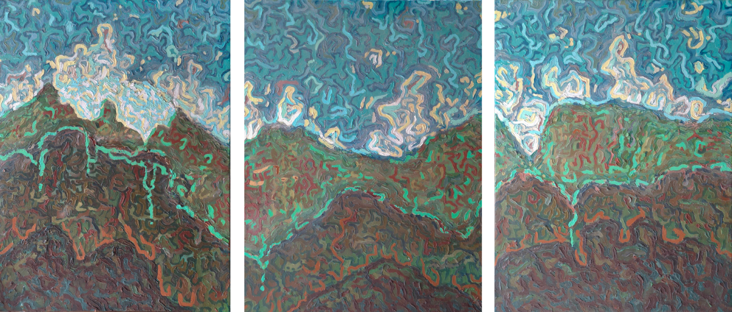 Triptyque vision panoramique du Piton des neiges pour l'œil gauche, droit et le troisième Victor Abel Original painting for sale