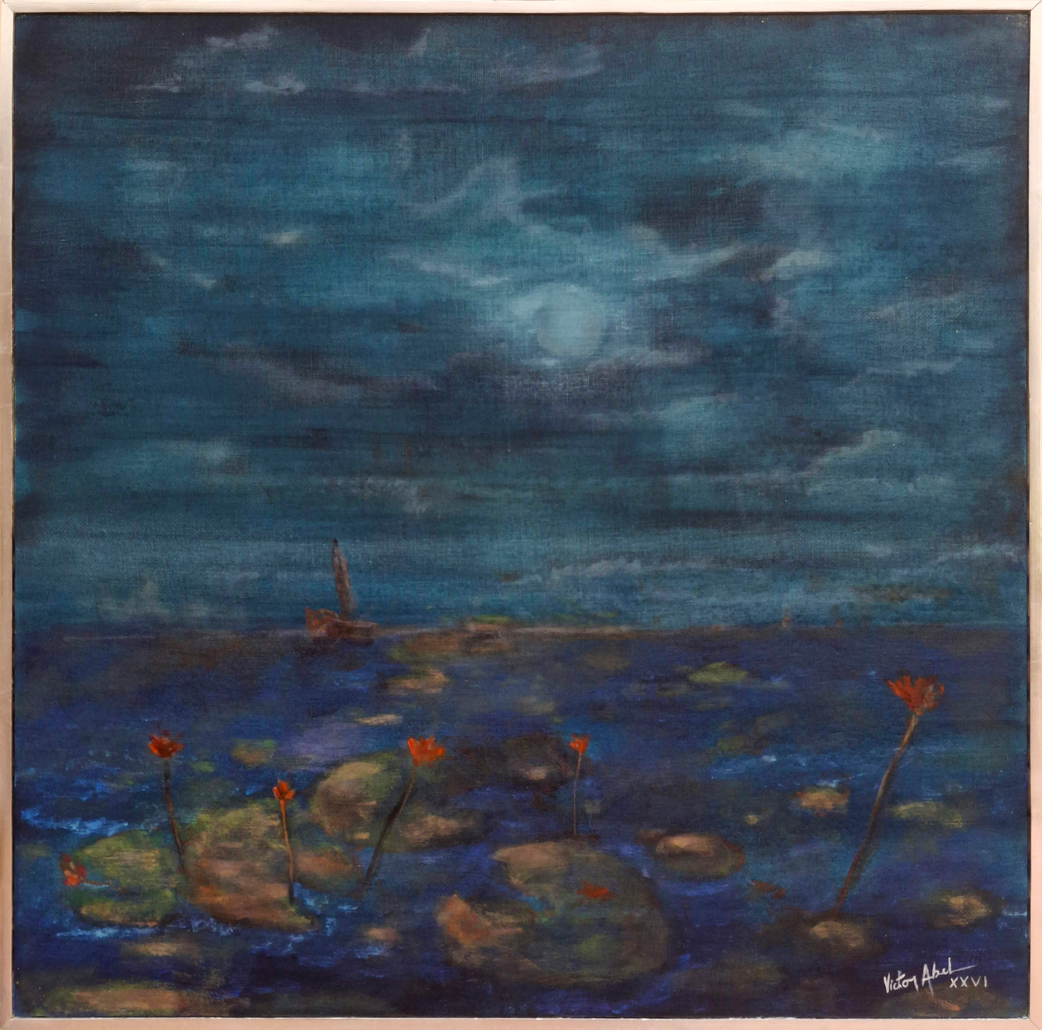 Impression à la lune levante à travers ses nuages Victor Abel Original painting for sale