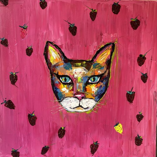 Purrfect strawberry by Elisabet Alba Rio, Painting for Sale on Select