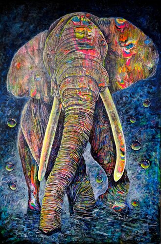 ELEPHANTE (Œuvre Fluorescente sous lumière noire) by Christine NAVARRO, Painting for Sale on Select