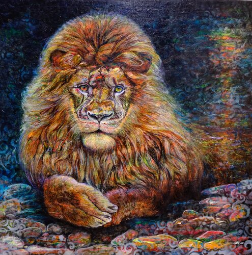LE ROI LION (Œuvre Fluorescente sous lumière noire) by Christine NAVARRO, Painting for Sale on Select