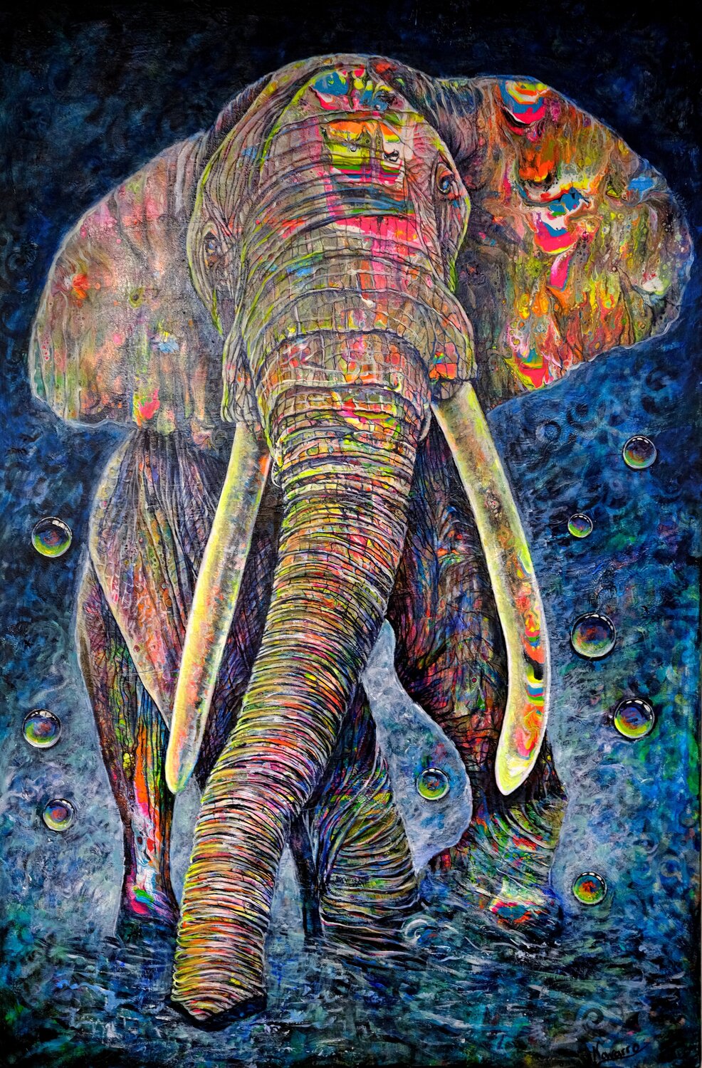 ELEPHANTE (Œuvre Fluorescente sous lumière noire) Christine NAVARRO Original painting for sale