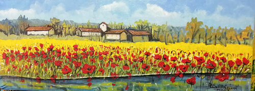 "Paesaggio con papaveri" opera dipinta su Jeans by Pietro Dell'Aversana, Painting for Sale on Select