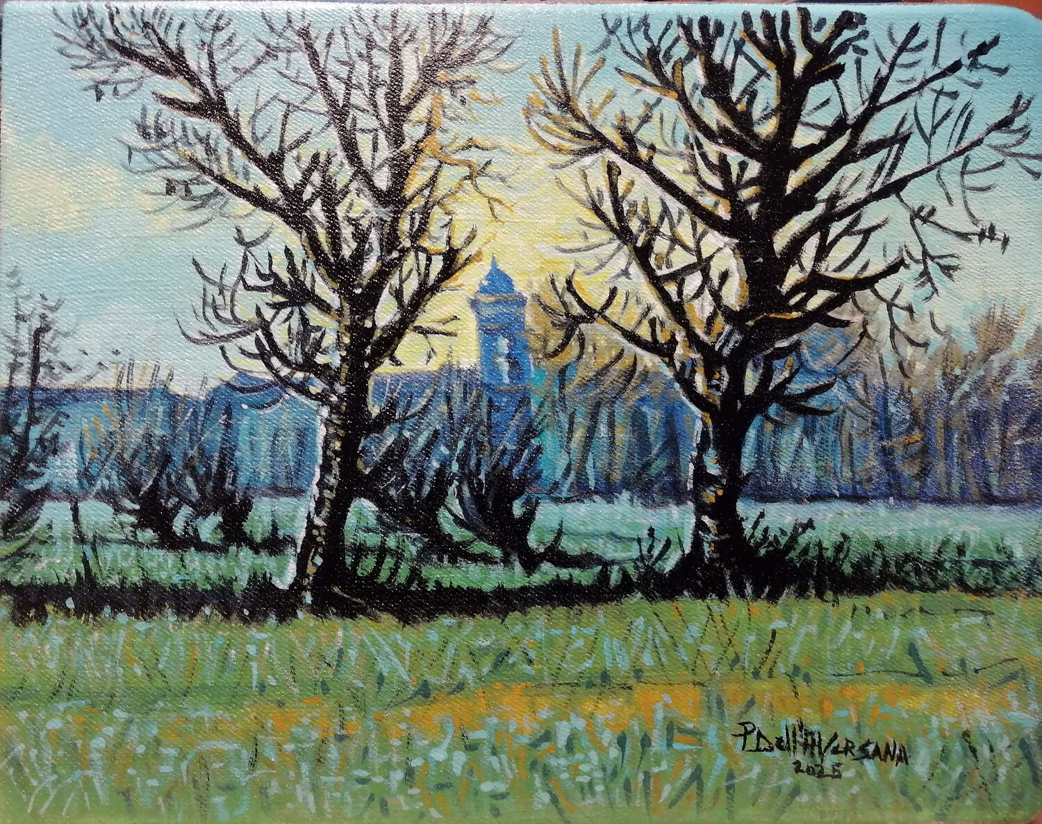 "Autunno all'alba" dipinto su jeans Pietro Dell'Aversana Original painting for sale