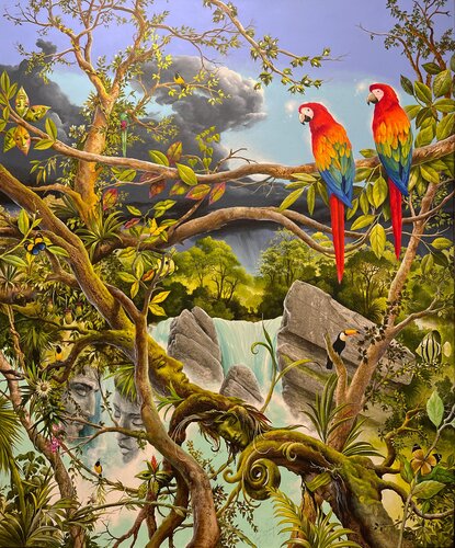 Zwei rote Aras im  Traumwald by Carl Röhrig, Painting for Sale on Select