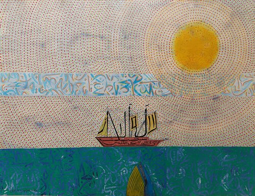 Ship Whale Painting Arabic Calligraphy by Sajid Hussain, Painting for Sale on Select