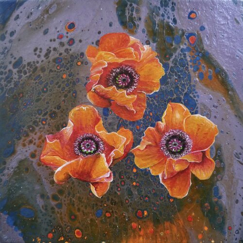 Orientalisches Mohnblüten-Trio auf Purpur by Anja Semling, Painting for Sale on Select