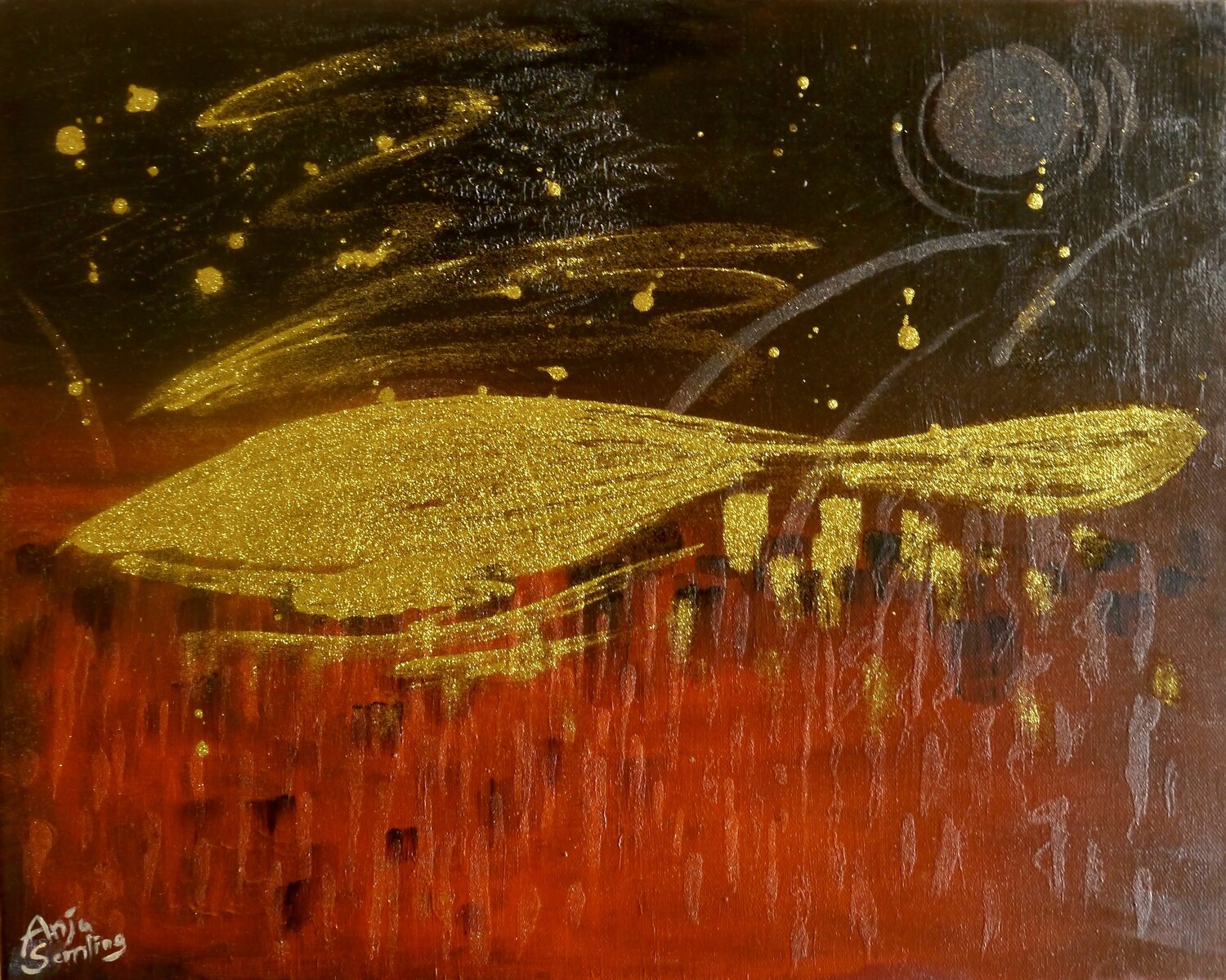 Goldene Drift im Kosmos Anja Semling Originalgemälde zu verkaufen