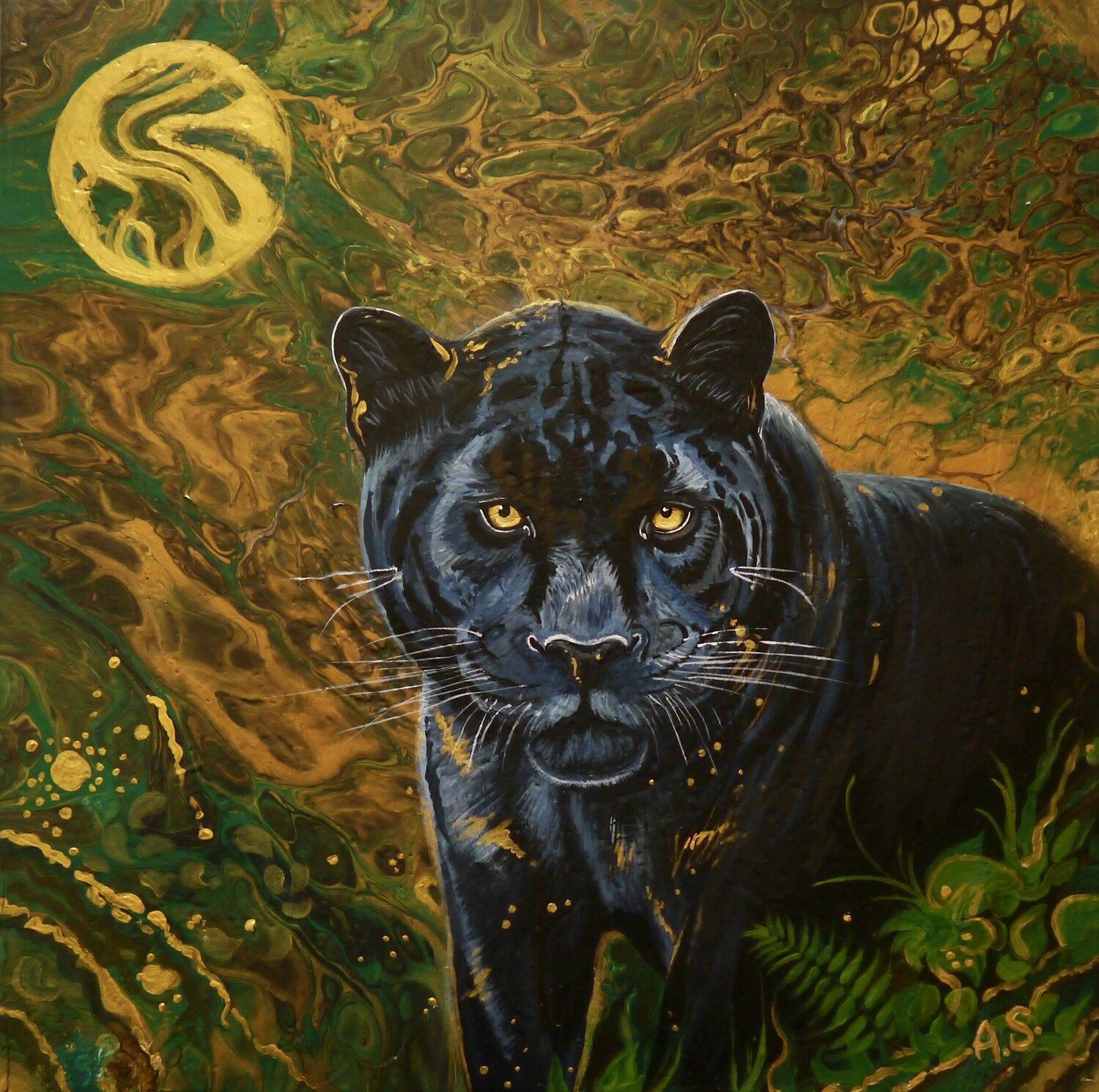 Wächter der Dschungel-Magie: Schwarzer Panther Anja Semling Original painting for sale