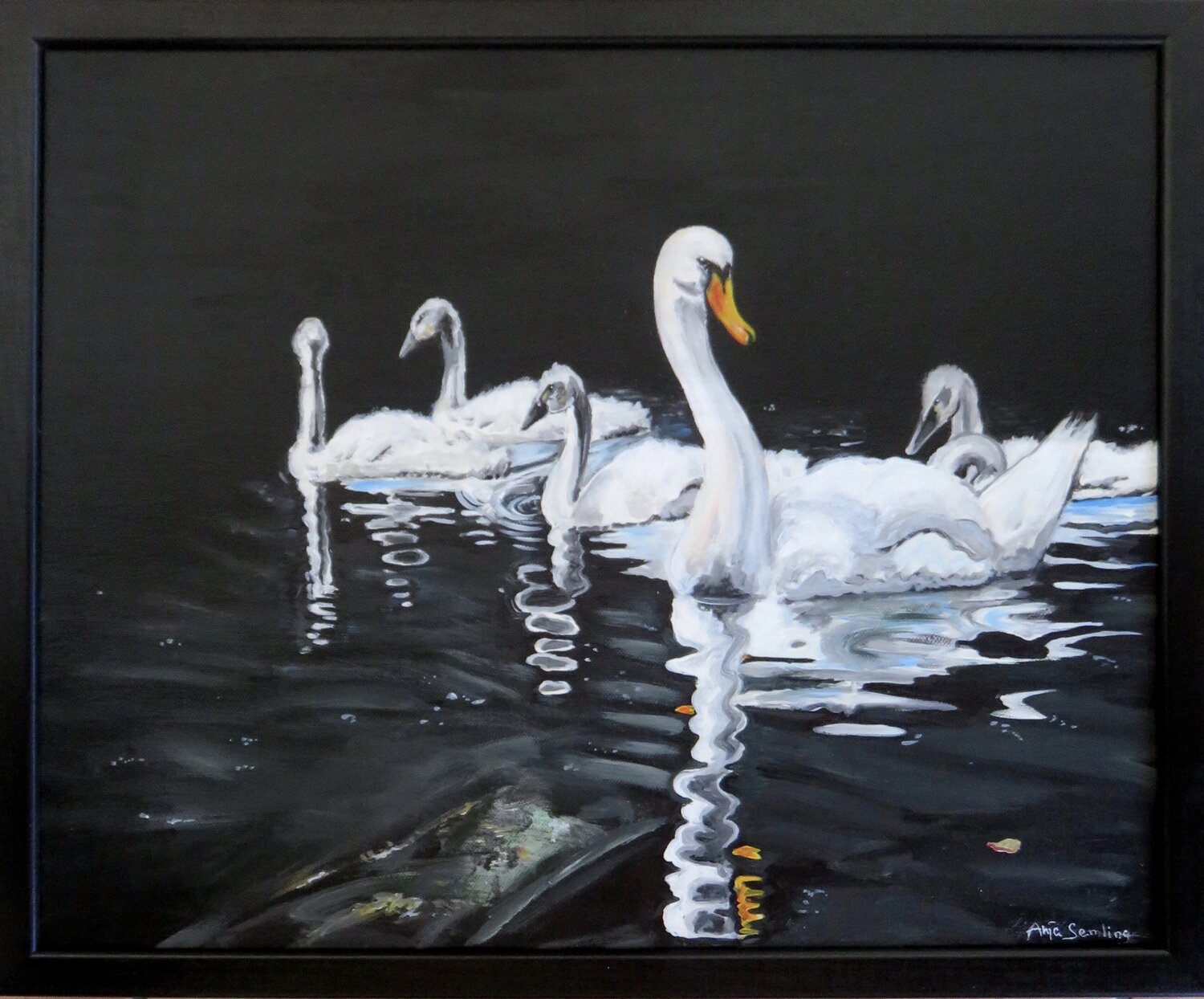 Kleine Flotte im Dunkeln (6 Schwäne!) Anja Semling Original painting for sale