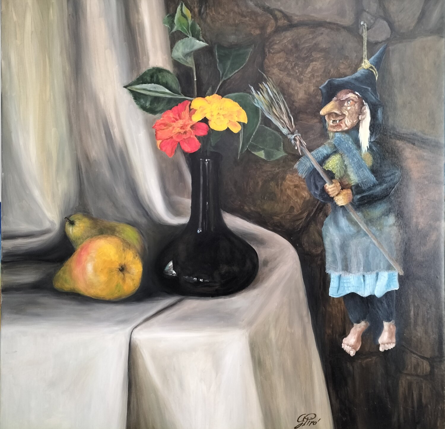 Gregory Pyra PIRO Oil Painting "Pears and Flowers" ref 439417, Still Life Gregory Pyra PIRO Original painting for sale