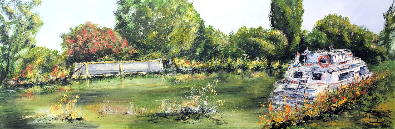CANAL DU MIDI  - LE LAVOIR DE VILLESEQUELANDE Jean-Claude Lannes Original painting for sale