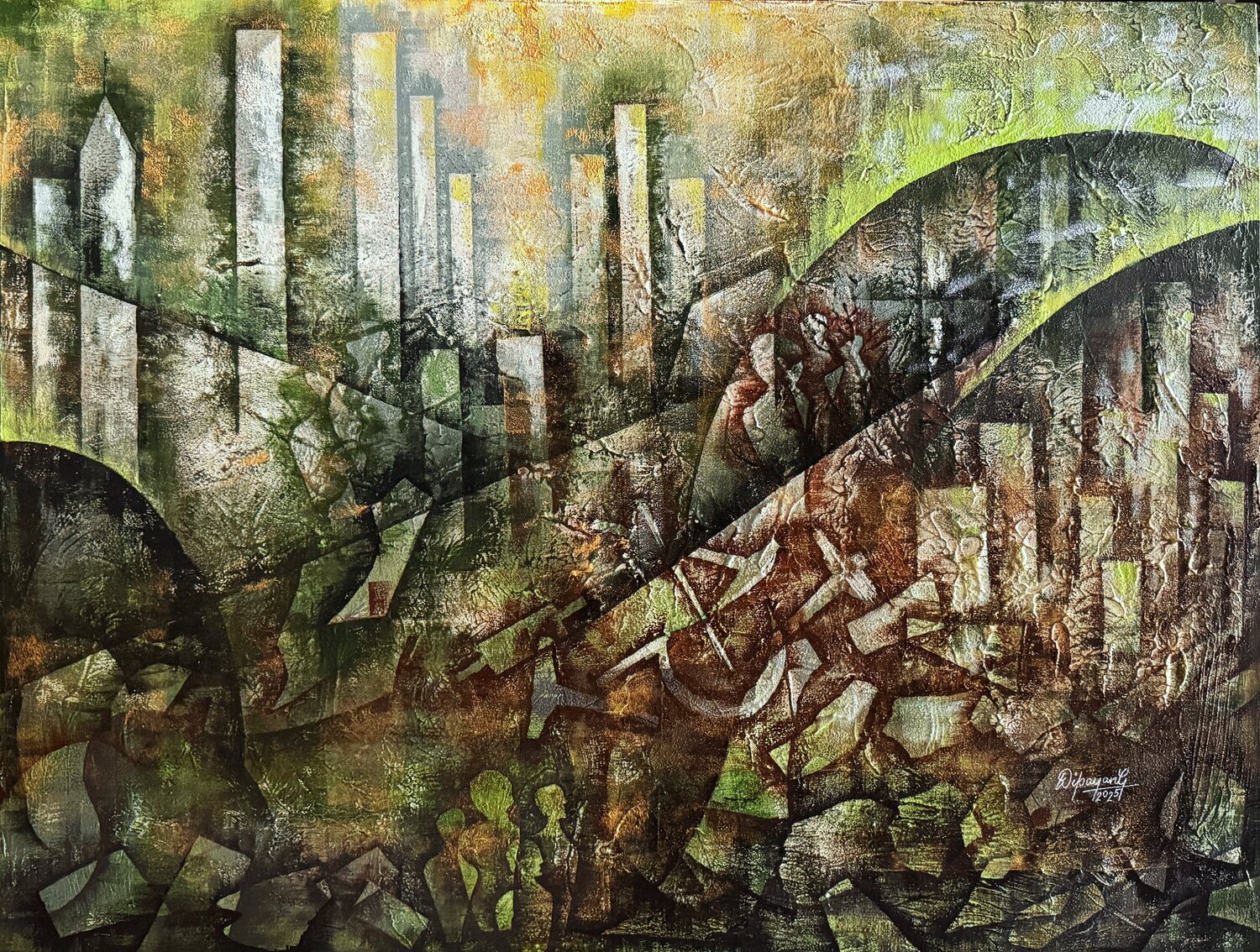 Tvaṣṭā Nagnatva (The Weight Beneath the Skyline) Dipayan Ghosh Original painting for sale