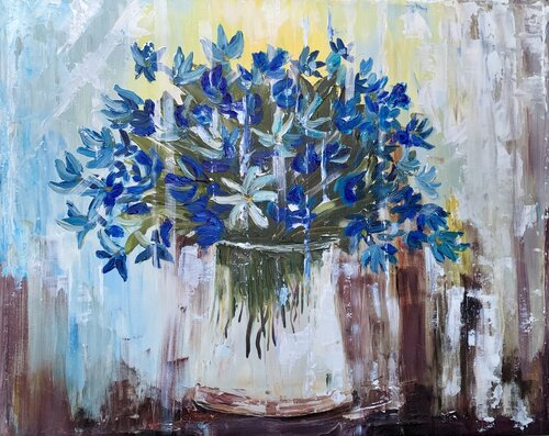 Blue scilla flowers in glass with a palette knife by Fatima Erkenova, Painting for Sale on Select