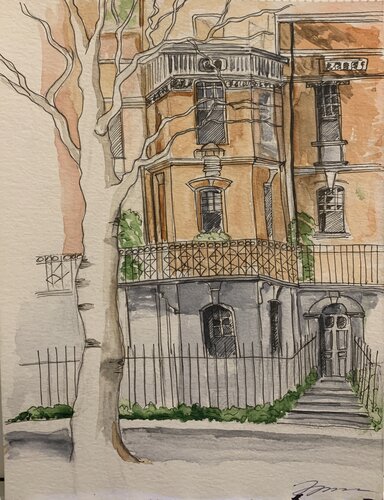 London brownstone sketch - watercolor and ink art by Fatima Erkenova, Painting for Sale on Select