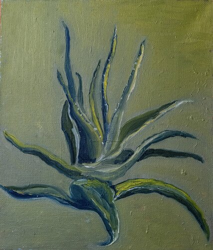 Abstract air plant painting - navy & gold botanical art - wall decor by Fatima Erkenova, Painting for Sale on Select