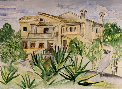 Sunny Greece villa by Fatima Erkenova, Painting for Sale on Select