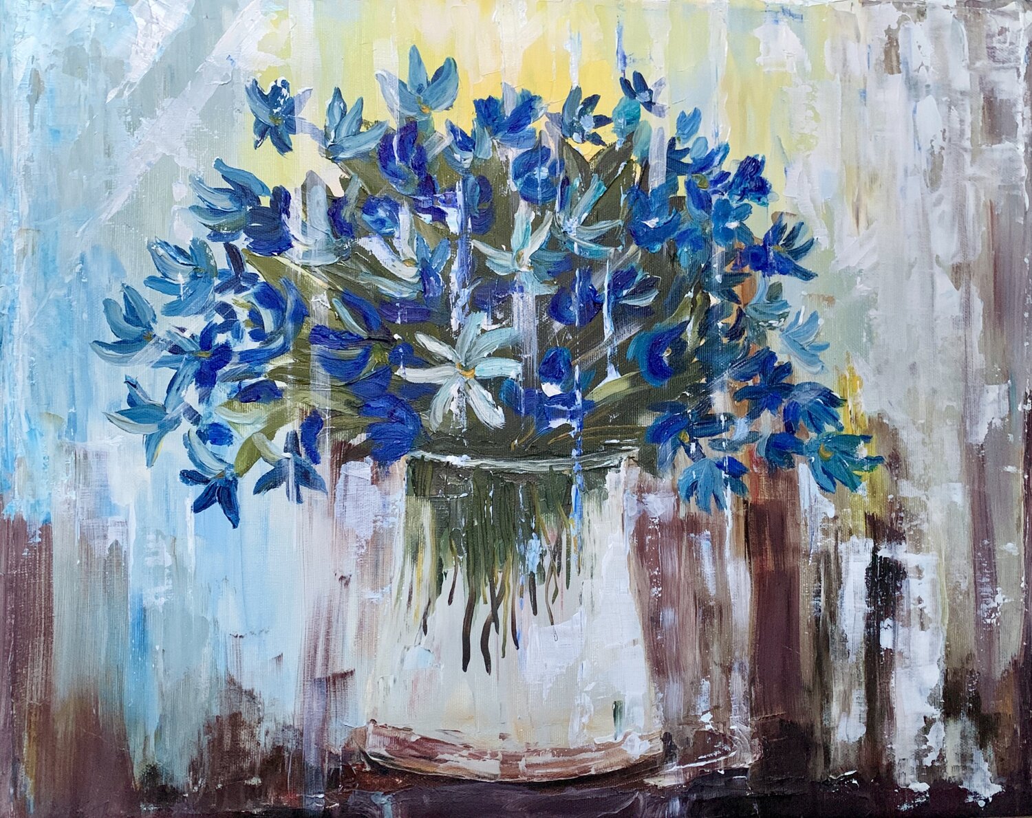Blue scilla flowers in glass with a palette knife Fatima Erkenova Original painting for sale