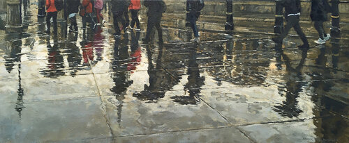 Rain and reflections, Trafalgar Square. London by Mark McLaughlin, Painting for Sale on Select