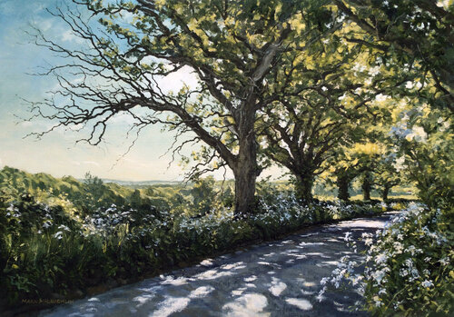 Oaks in spring morning light, Rusper. by Mark McLaughlin, Painting for Sale on Select