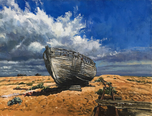 Derelict boat, on Dungeness Beach. by Mark McLaughlin, Painting for Sale on Select
