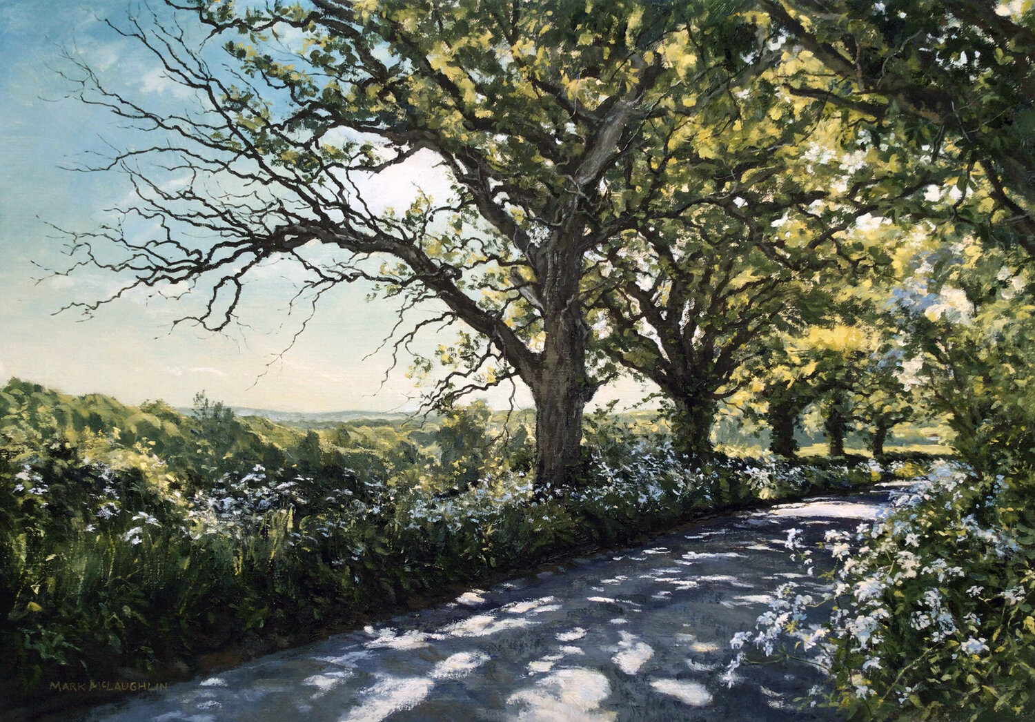 Oaks in spring morning light, Rusper. Mark McLaughlin Original painting for sale
