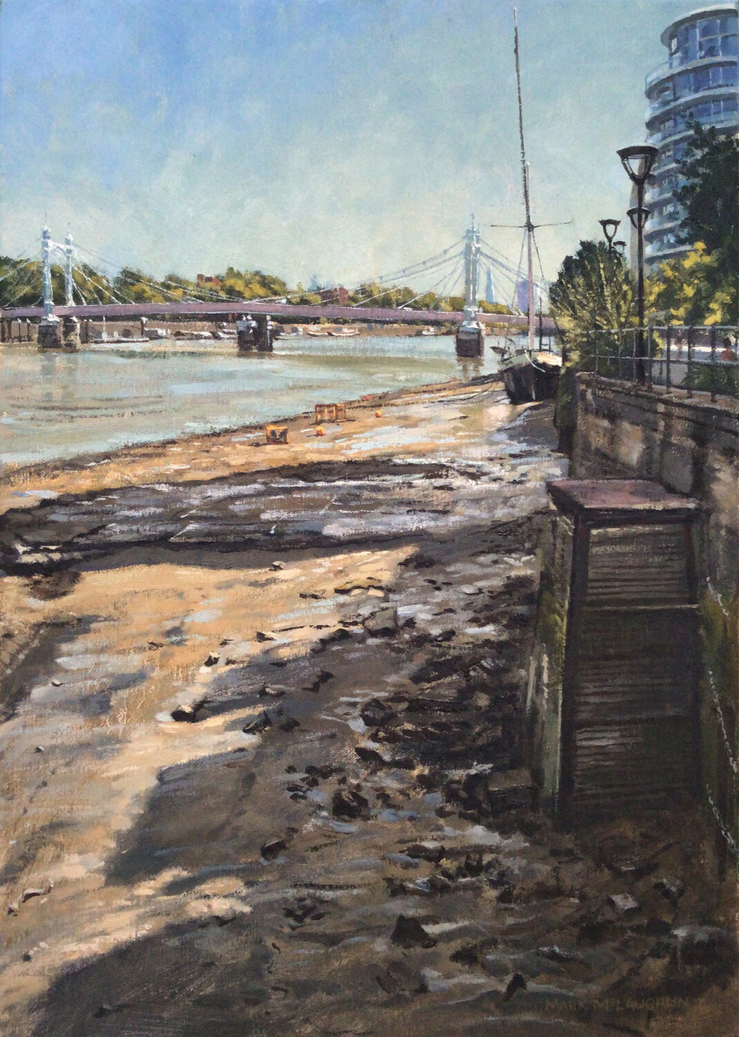 Low tide and shadows, Albert Bridge. Mark McLaughlin Original painting for sale