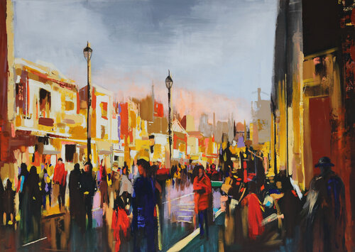 Shopping mile - city painting by Maria Moretti, Painting for Sale on Select