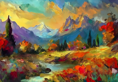Whispers of the golden hour - landscape painting von Maria Moretti, Malerei kaufen auf Select