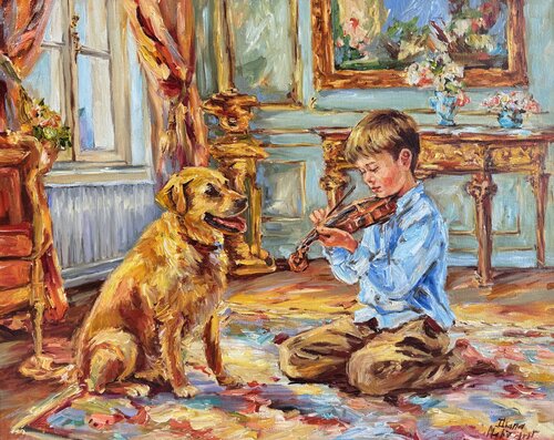 Un garçon avec son violon by Diana Malivani, Painting for Sale on Select