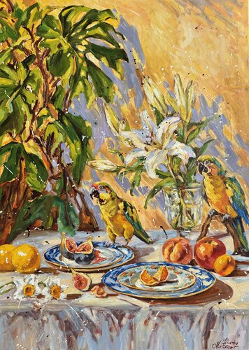 Still Life with Parrots by Diana Malivani, Painting for Sale on Select