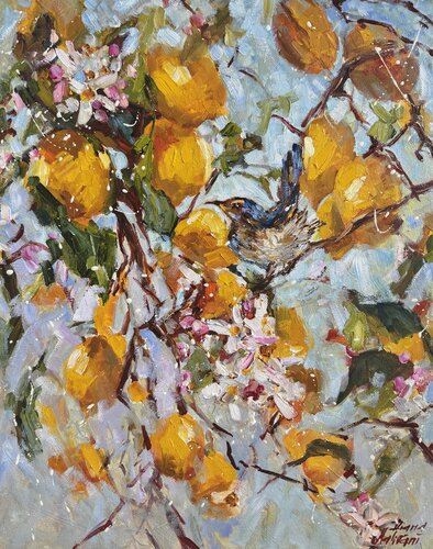 A Little Bird in the Lemon Tree by Diana Malivani, Painting for Sale on Select