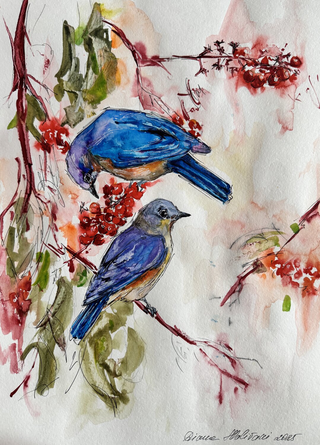 Petits oiseaux bleus Diana Malivani Drawing for sale