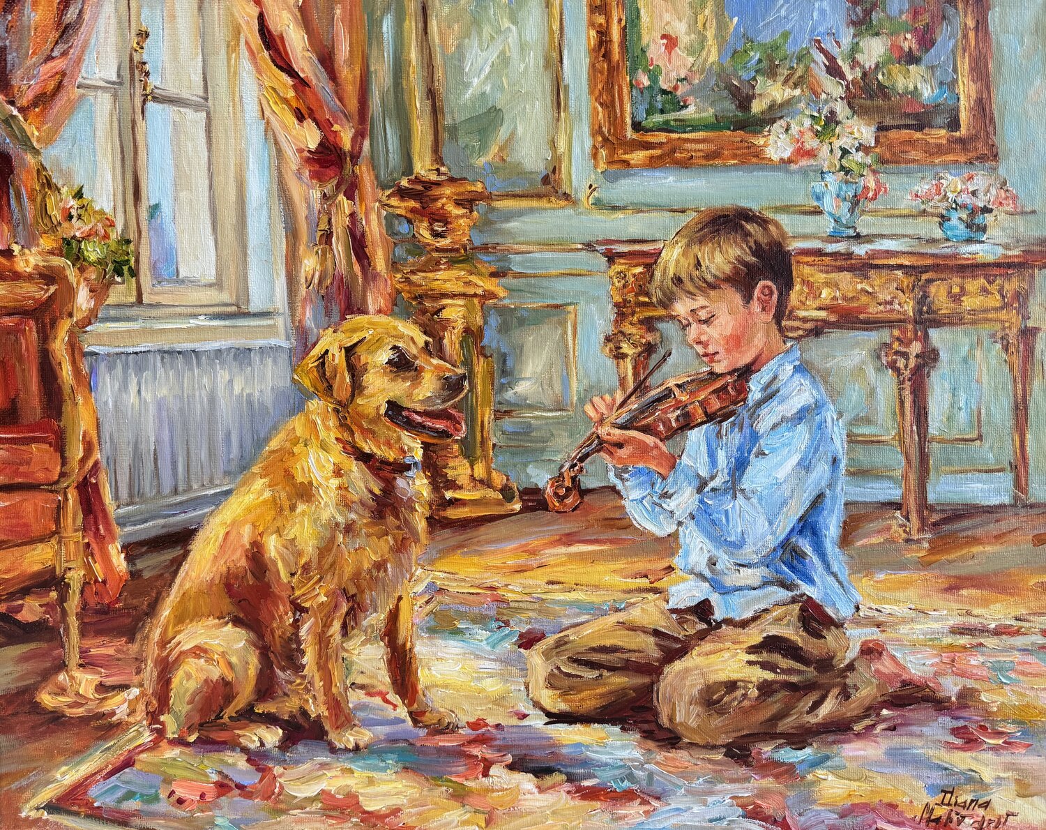 Un garçon avec son violon Diana Malivani Original painting for sale