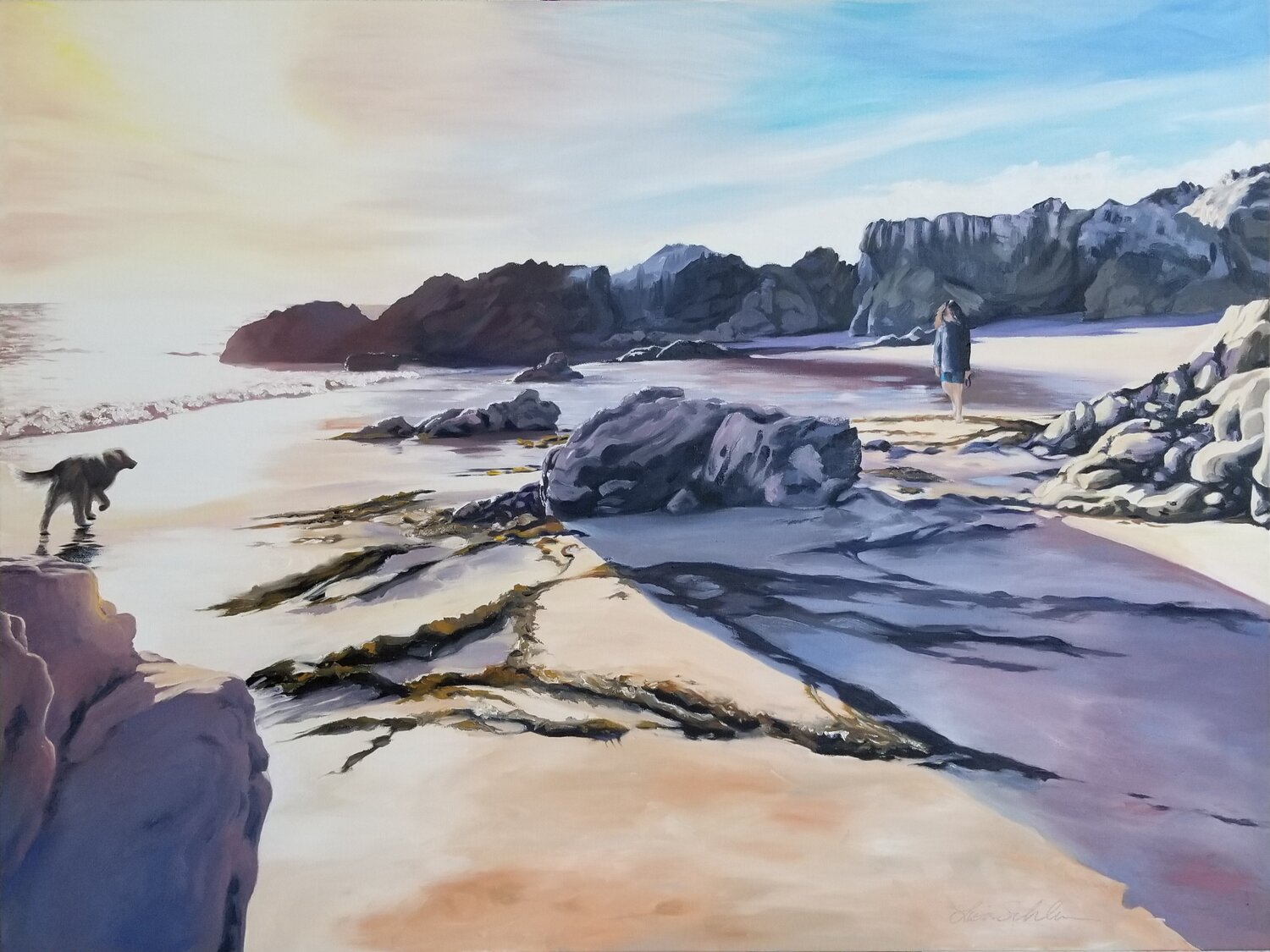 Dog Walk On The Beach Lisa Schulaner Original painting for sale