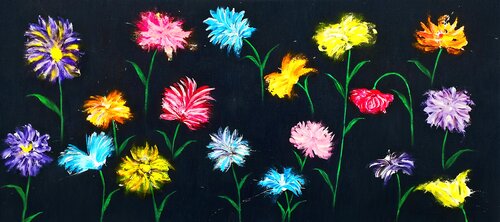 Fiori nella Notte-Quadro astratto contemporaneo colorato fiori su jeans scuro by ANTONINO GERACI, Painting for Sale on Select