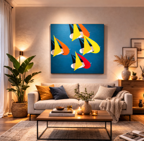 “Regata Colorata – Vele in Movimento”- Quadro astratto materico contemporaneo, blu giallo arancio rosso by ANTONINO GERACI, Painting for Sale on Select