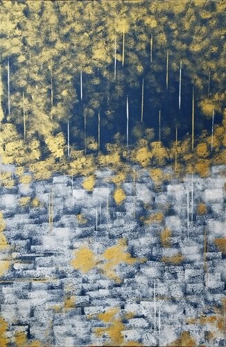 Pioggia di luce in città di notte- Quadro astratto materico contemporaneo bianco oro blu by ANTONINO GERACI, Painting for Sale on Select