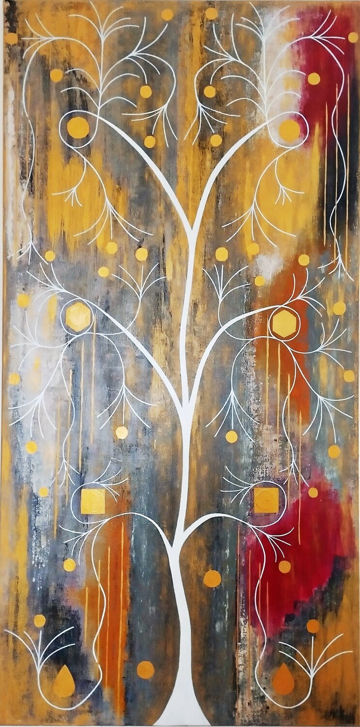L'Albero dell'Anima pura-Quadro astratto contemporaneo oro bianco nero grigio rosso arancio ANTONINO GERACI Original painting for sale