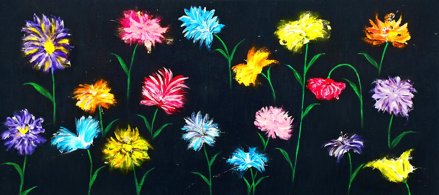Fiori nella Notte-Quadro astratto contemporaneo colorato fiori su jeans scuro ANTONINO GERACI Original painting for sale