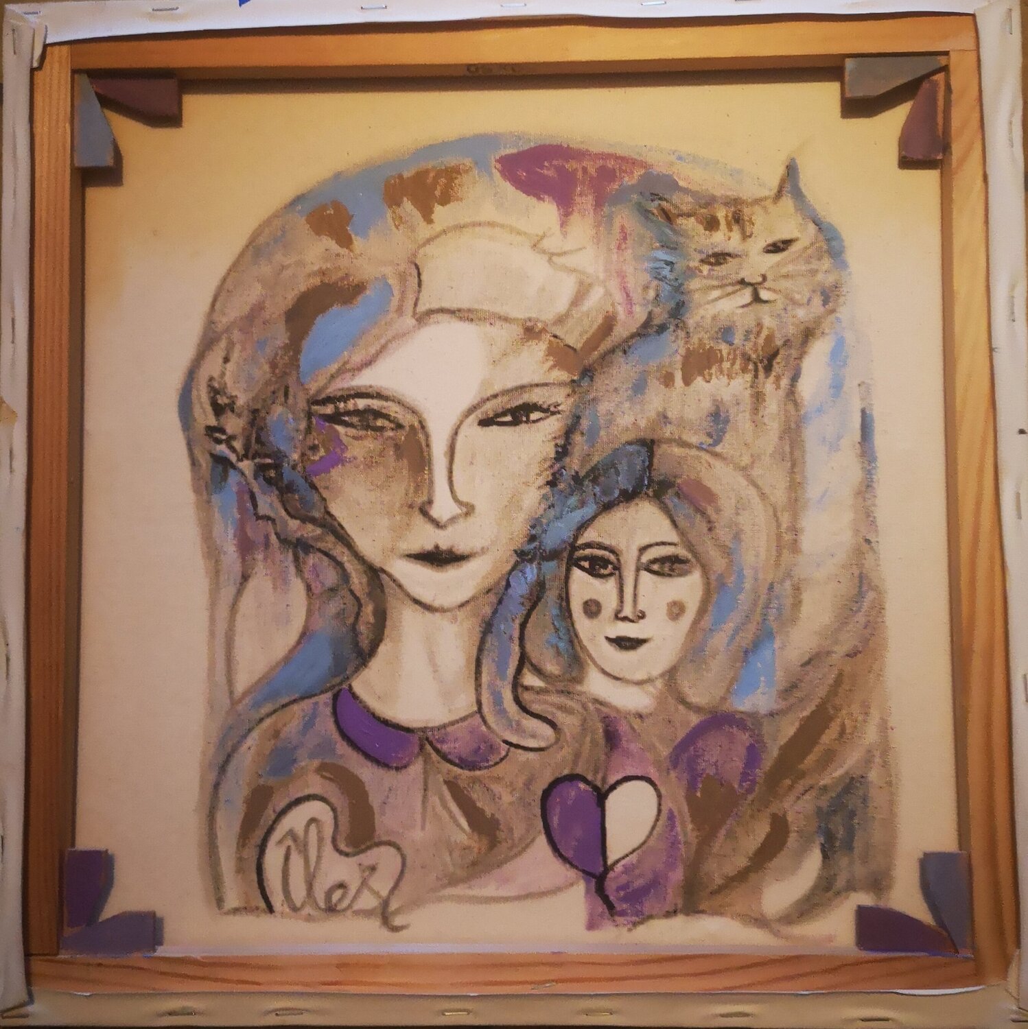 Women and cat : french frimousses Abricodéal ÃŽles Original painting for sale