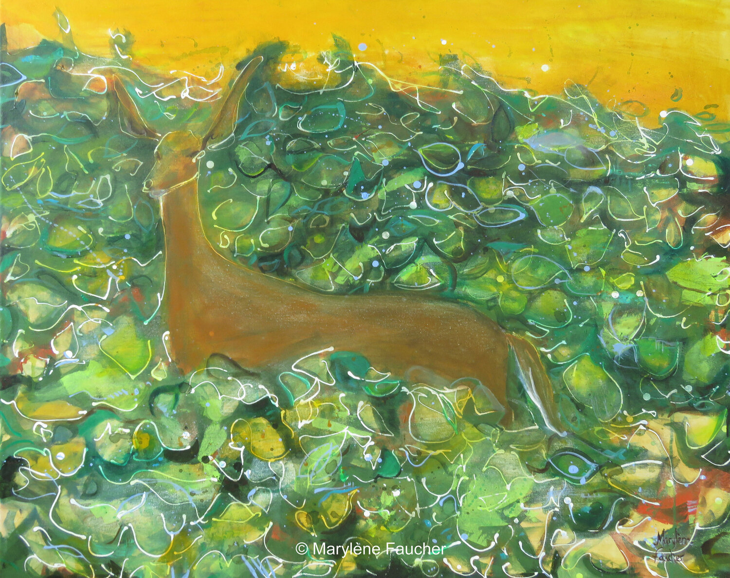 Cerf au champs de canola Marylene Faucher Original painting for sale