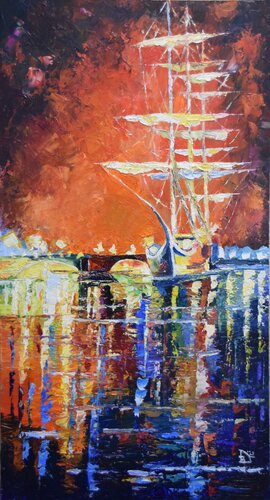 Schiff in nächtlichem Hafen nach Leonid Afremov by Birger Dicke, Painting for Sale on Select