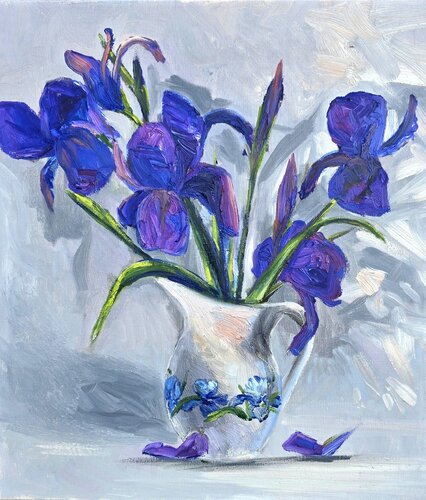 Irises in a White Vase by Gulshaba Abbasova, Painting for Sale on Select
