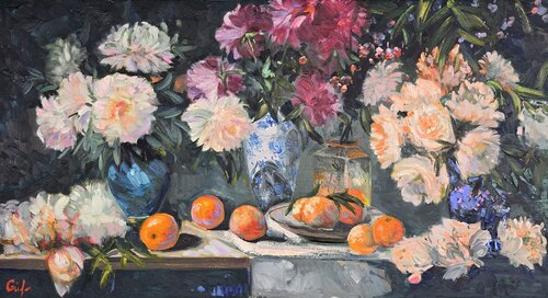 Still Life with Peonies and Oranges by Gulshaba Abbasova, Painting for Sale on Select
