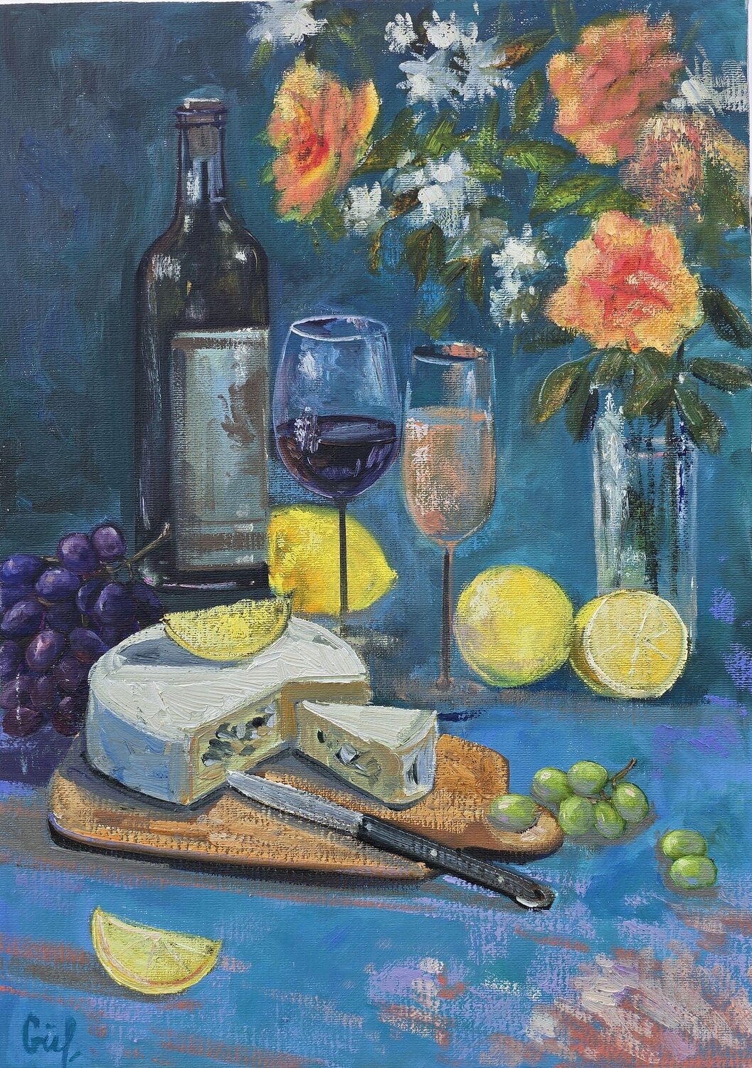 Evening Still Life with Wine and Citrus Gulshaba Abbasova Original painting for sale
